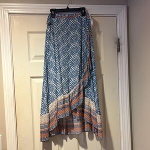 Patterned High-Low Wrap Skirt with Orange Trim in Blue 12